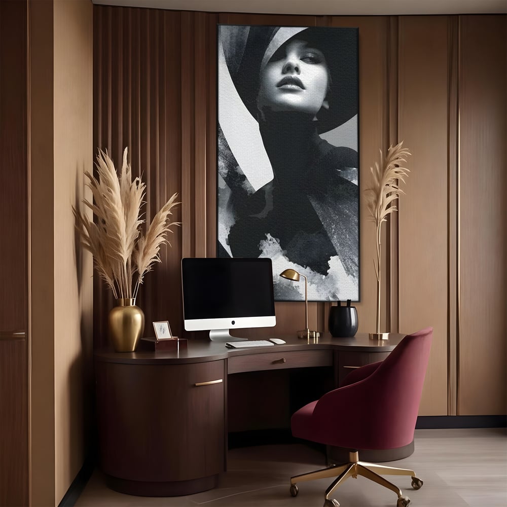 Tablou canvas cu tablou canvas cu portret artistic de femeie, in rama de aluminiu negru, pe perete intr-un birou